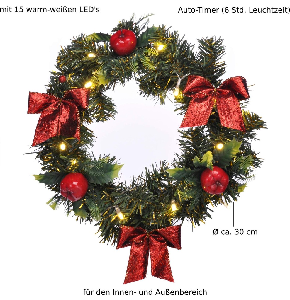 LED Türkranz Ø30 cm mit roten Schleifen Äpfeln 15 warmweißen LEDs – Galeriebild 4, Artikelnummer 2501