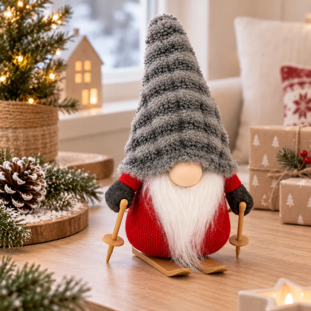 Dekofigur Wichtel mit Ski 20 cm graue Zipfelmütze Weihnachtsdeko – Galeriebild 1, Artikelnummer 18498