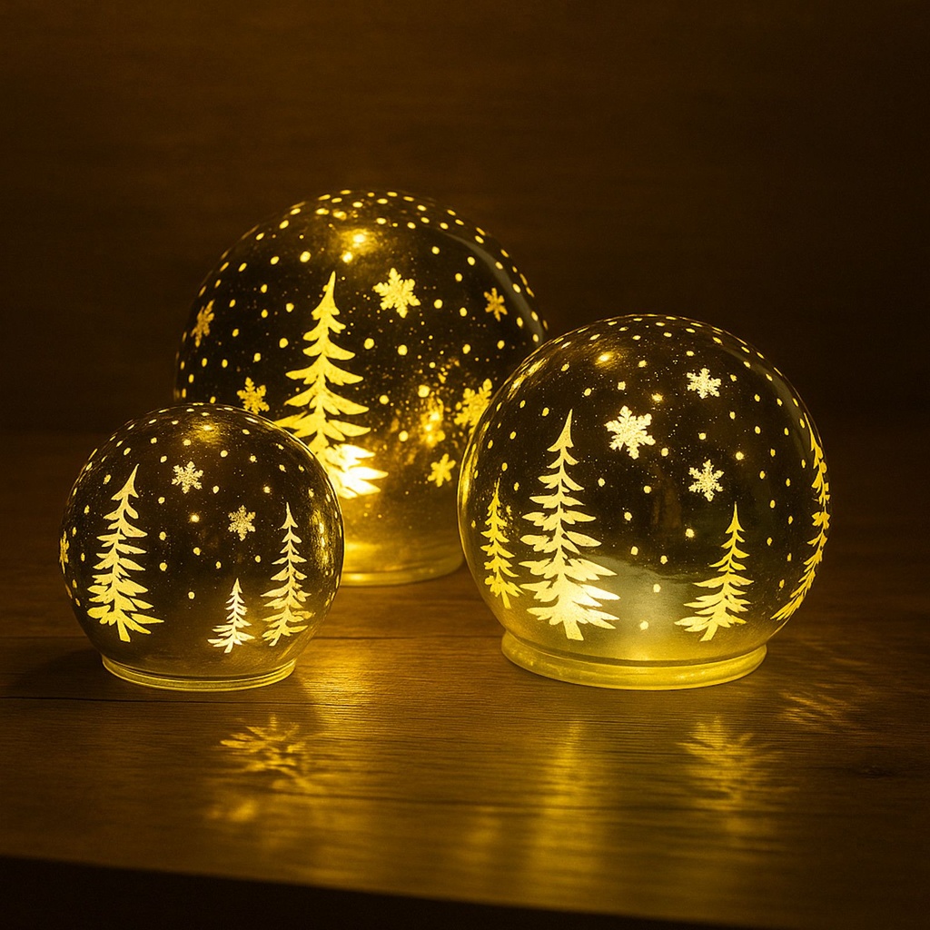 3er Set LED Kugel Winterlandschaft Glas silber Ø10/13/15cm mit Timer – Galeriebild 1, Artikelnummer 18188
