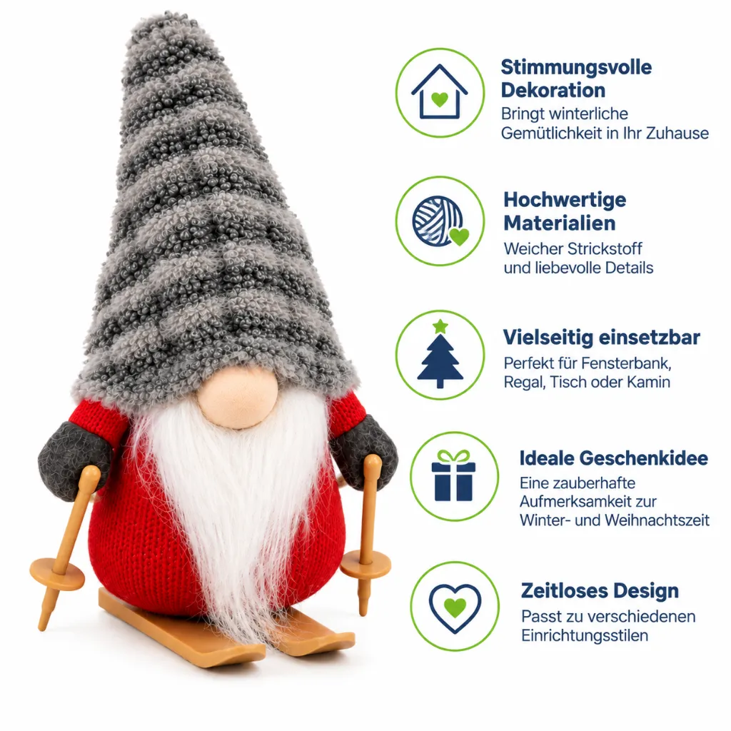 Dekofigur Wichtel mit Ski 20 cm graue Zipfelmütze Weihnachtsdeko – Galeriebild 1, Artikelnummer 18498