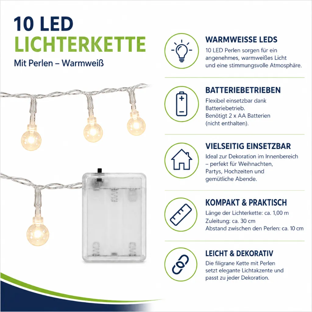 10 LED Lichterkette Weihnachten Beleuchtung Kette mit Perlen Warmweiß – Galeriebild 1, Artikelnummer 8511