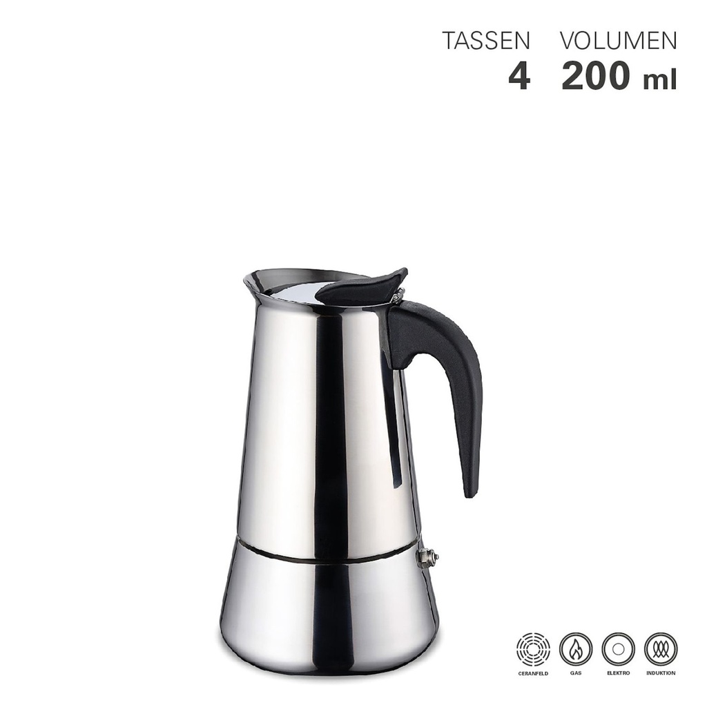 Edelstahl Espressokocher 4 Tassen Sicherheitsventil Induktion Mokkakanne 200 ml – Galeriebild 1, Artikelnummer 15522