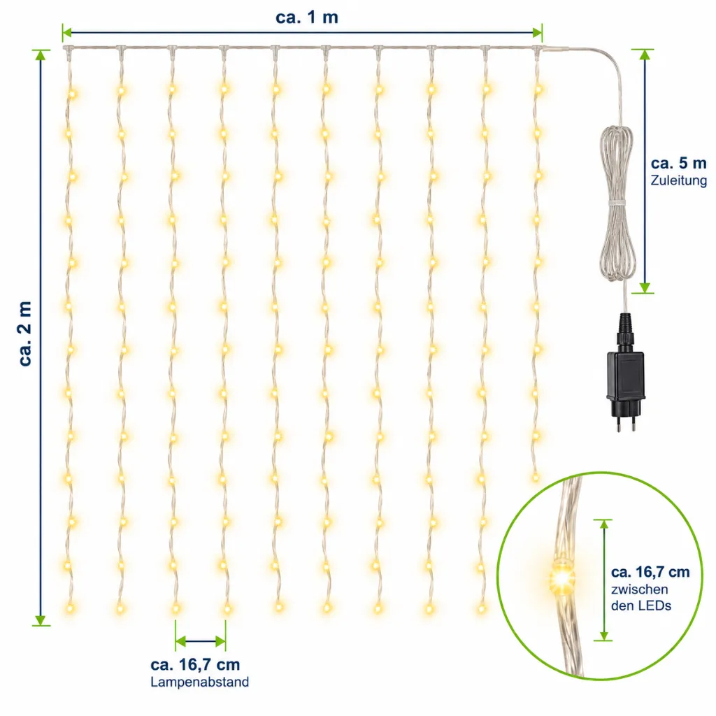 LED Lichtervorhang 120 LEDs warmweiß 2 x 1 m IP44 – Galeriebild 1, Artikelnummer 17555