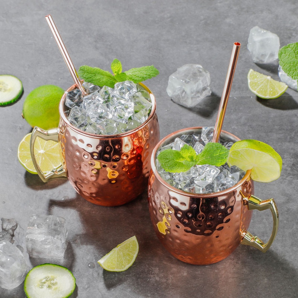 2er Set Mule Becher Kupferbecher mit Trinkhalmen 500 ml in Kupfer Edelstahl