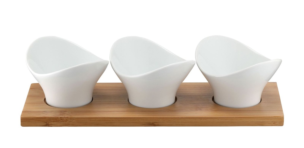 Servierset mit 3 aufgesetzten Schalen für Saucen Dips oder Snacks aus Porzellan – Galeriebild 1, Artikelnummer 15323