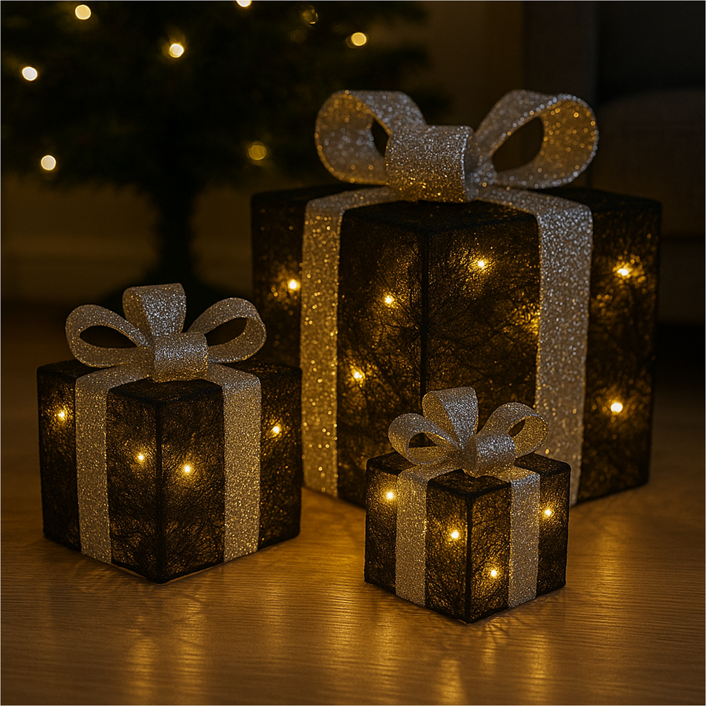 3er Set LED Geschenkboxen warmweiß Timer Batterie schwarz silber – Galeriebild 1, Artikelnummer 18292