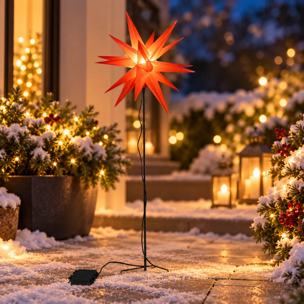 LED Gartenstecker PVC Stern, rot dia: 35 cm, Höhe: 90 cm – Galeriebild 1, Artikelnummer 18514