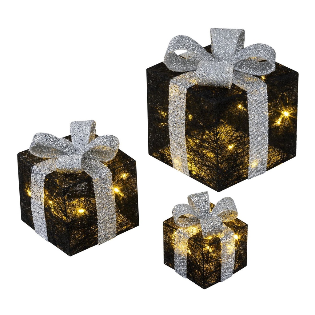 LED Schneemann mit 3er Set Geschenkboxen warmweiß Timer schwarz silber – Galeriebild 4, Artikelnummer 18299