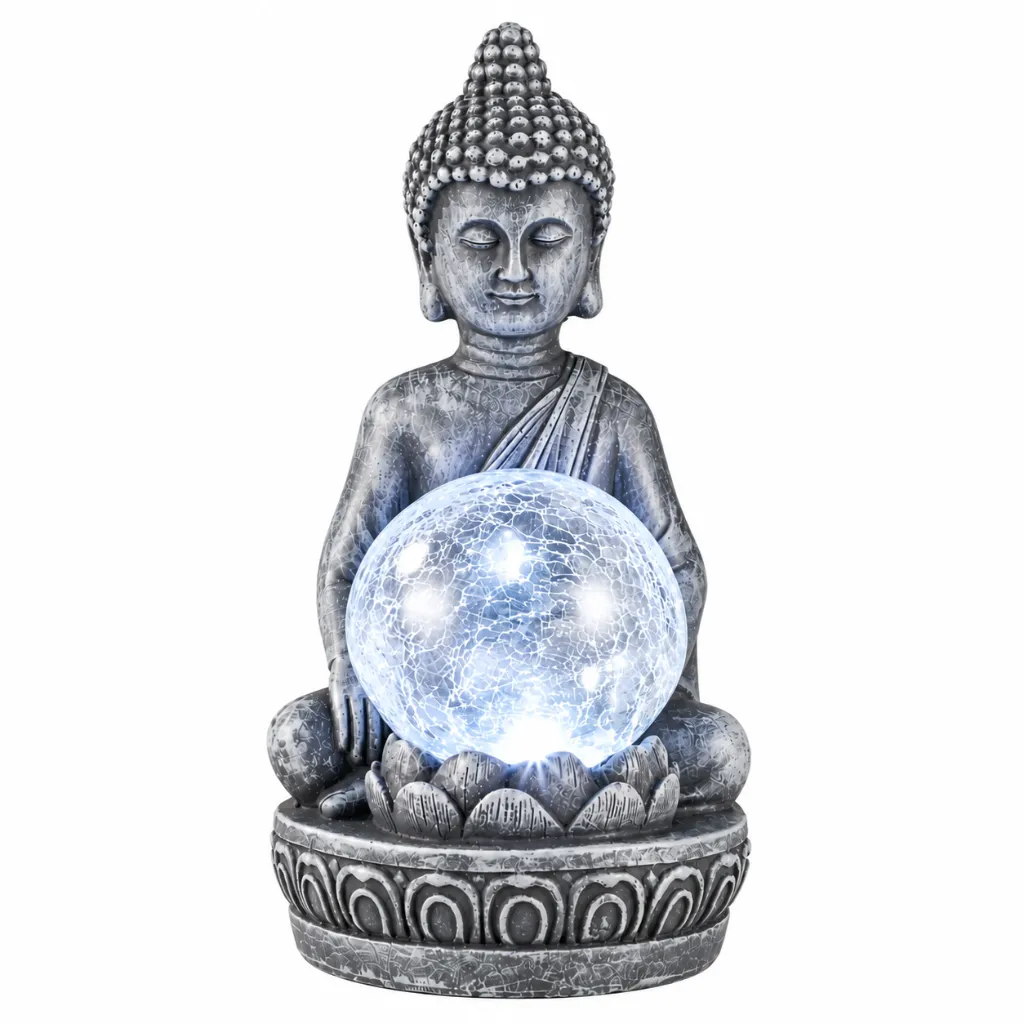 LED Solar Buddha Figur mit RGB Farbwechsel und Glaskugel 19,5 cm – Galeriebild 1, Artikelnummer 18534