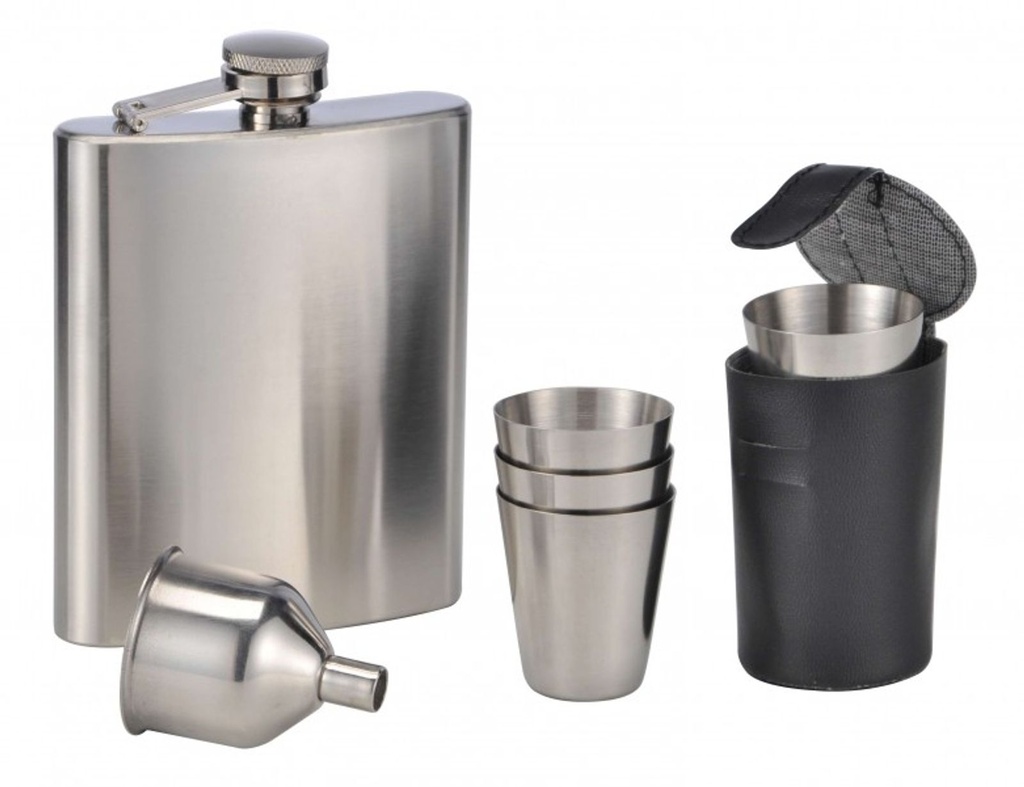 7-tlg. Edelstahl Flachmann Set Taschenflasche Schnapsflasche Becher Tasche 210ml – Galeriebild 1, Artikelnummer 1383