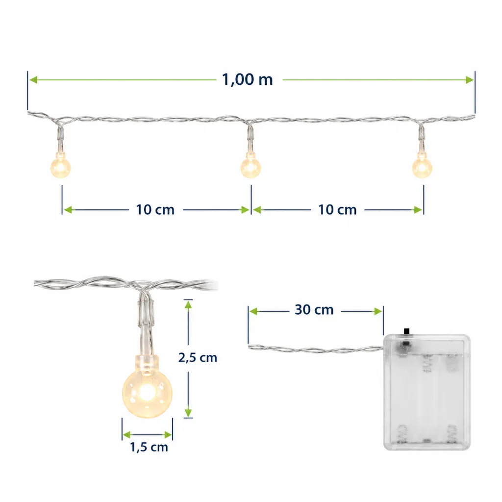 10 LED Lichterkette Weihnachten Beleuchtung Kette mit Perlen Warmweiß – Galeriebild 1, Artikelnummer 8511