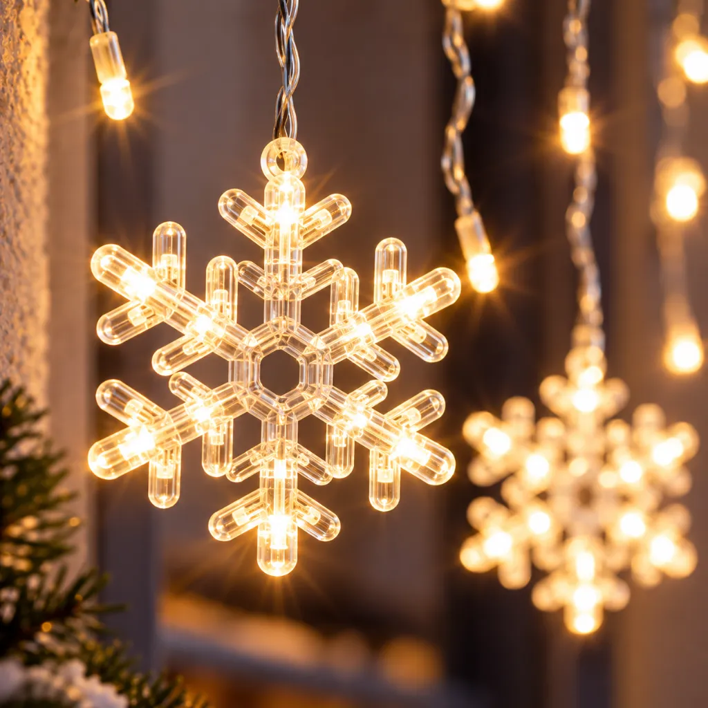 Schneeflocken Lichterkette 60 LED warmweiß 210 x 68 cm – Galeriebild 1, Artikelnummer 15974