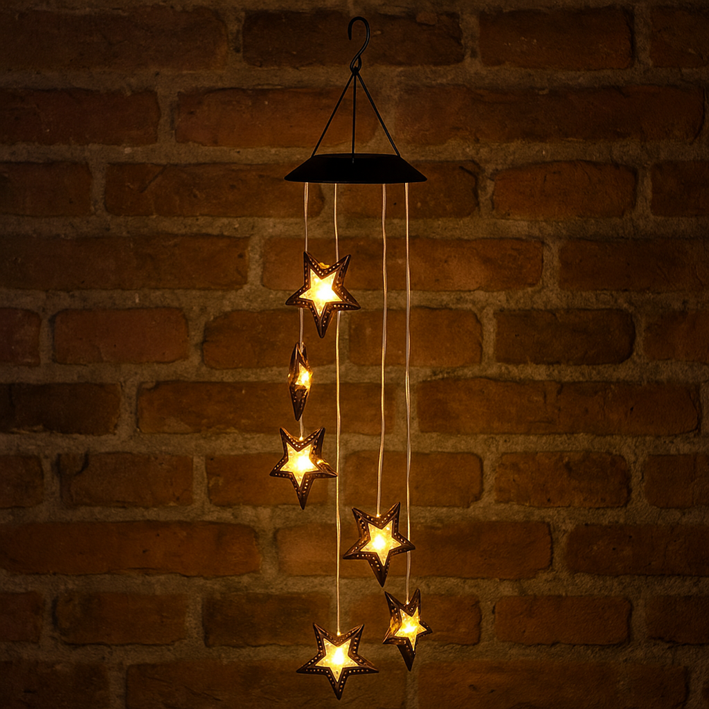 LED Solar Hänge-Windspiel Sternenstaub mit 6 Metallsternen warmweiß – Galeriebild 5, Artikelnummer 18320