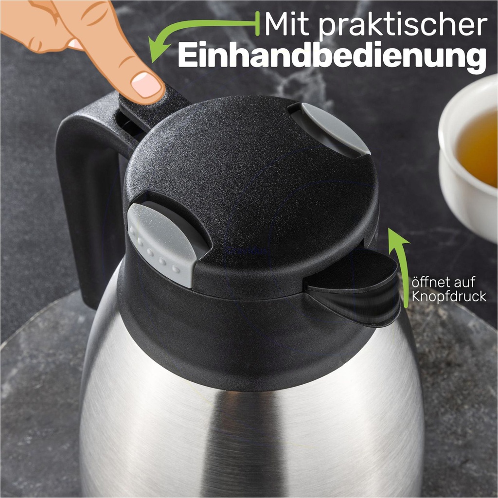 Edelstahl Isolierkanne 1,5 Liter mit Einhandbedienung – Galeriebild 1, Artikelnummer 17759
