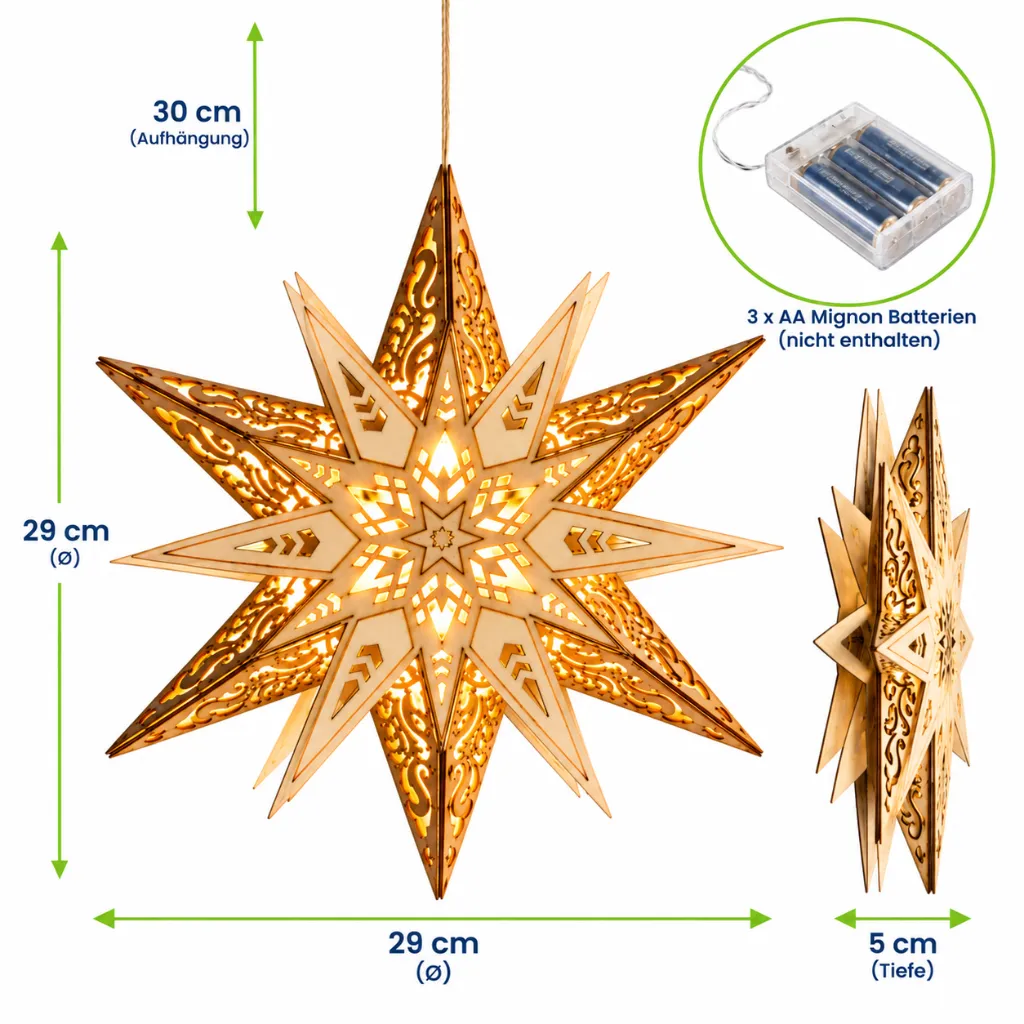 LED Weihnachtsstern Holz 6 warmweiße LEDs Batteriebetrieb Ø29 cm – Galeriebild 3, Artikelnummer 3100