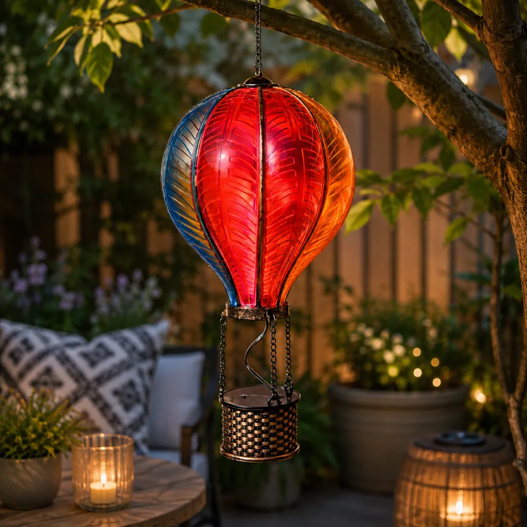 Solar Heißluftballon 56 cm mit 30 Flame LEDs mehrfarbig – Galeriebild 1, Artikelnummer 18495