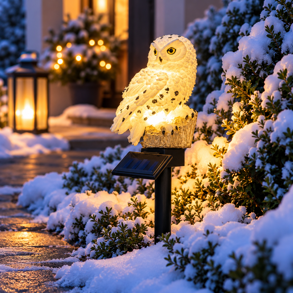 LED Solar Schneeeule Gartenstecker mit einer weißen LED, Artikelnummer 18533