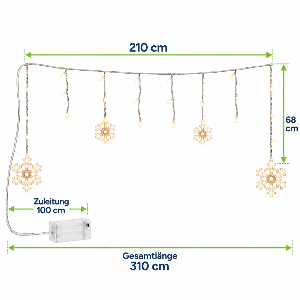 Schneeflocken Lichterkette 60 LED warmweiß 210 x 68 cm – Galeriebild 1, Artikelnummer 15974