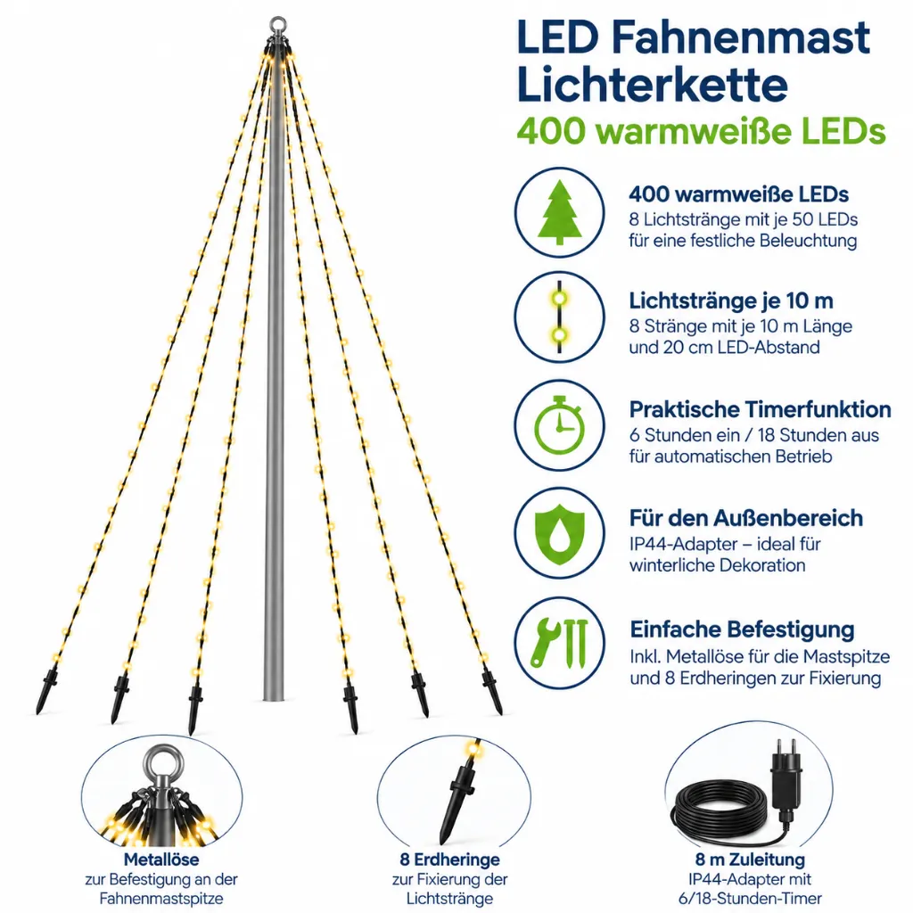 Fahnenmast-Lichterkette mit 400 warm weißen LEDs – Galeriebild 1, Artikelnummer 18510