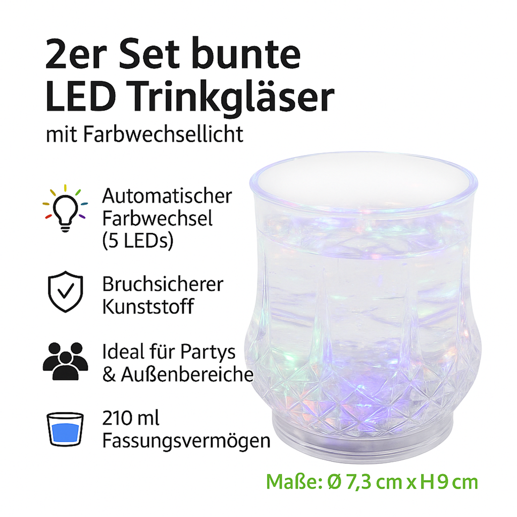2er Set bunte LED Trinkgläser mit Farbwechsellicht 210ml Kunststoff – Galeriebild 12, Artikelnummer 18310
