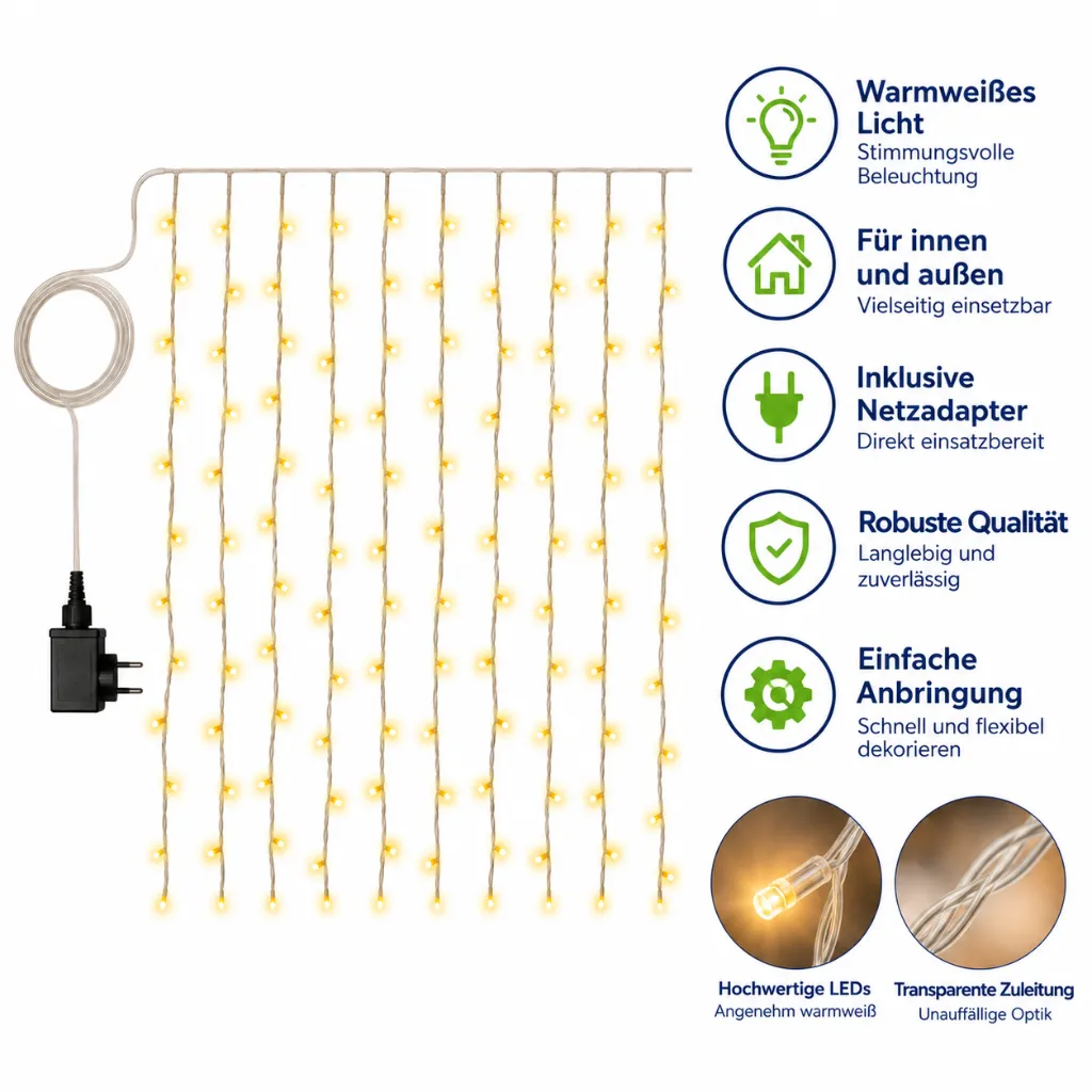 LED Lichtervorhang 120 LEDs warmweiß 2 x 1 m IP44 – Galeriebild 1, Artikelnummer 17555