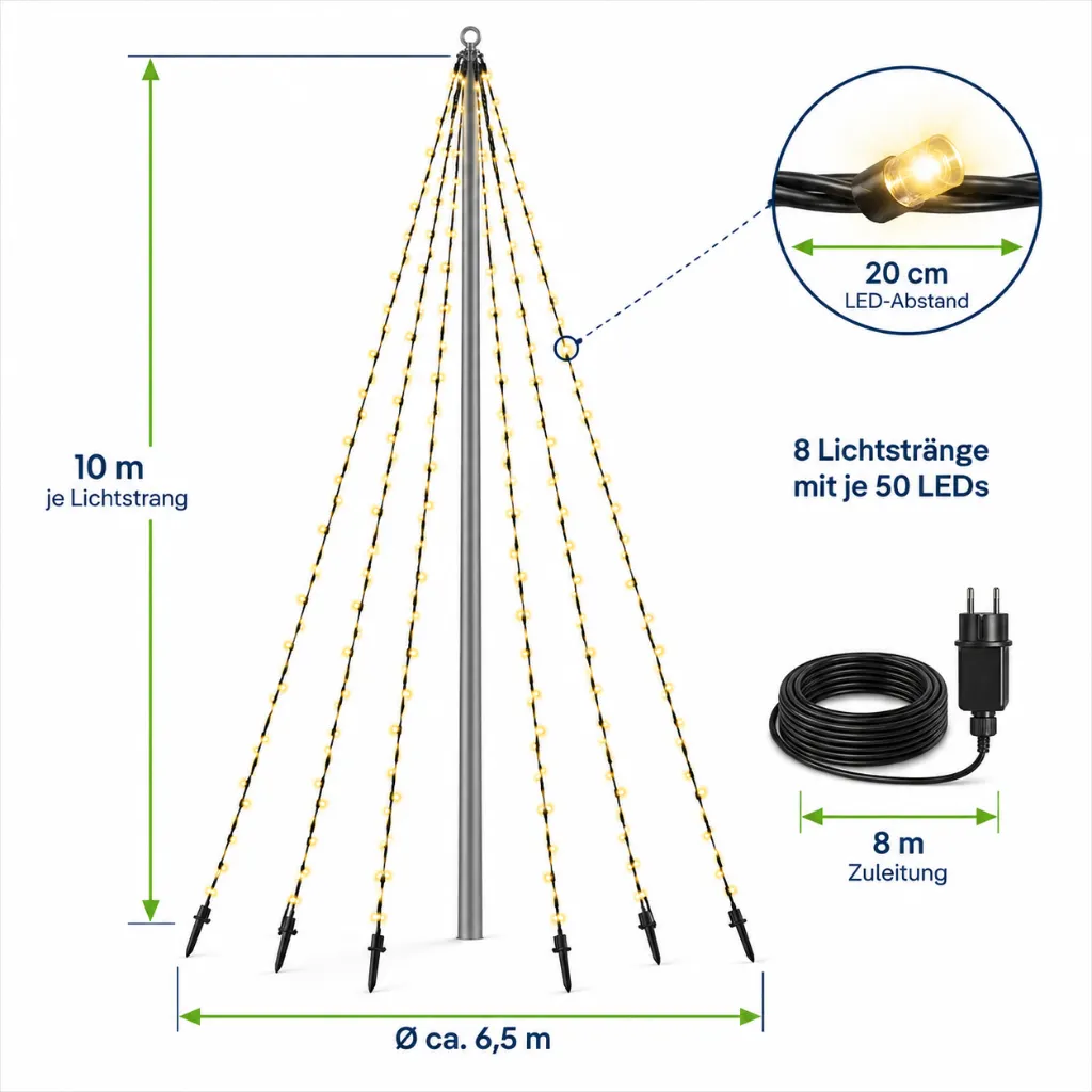 Fahnenmast-Lichterkette mit 400 warm weißen LEDs – Galeriebild 1, Artikelnummer 18510
