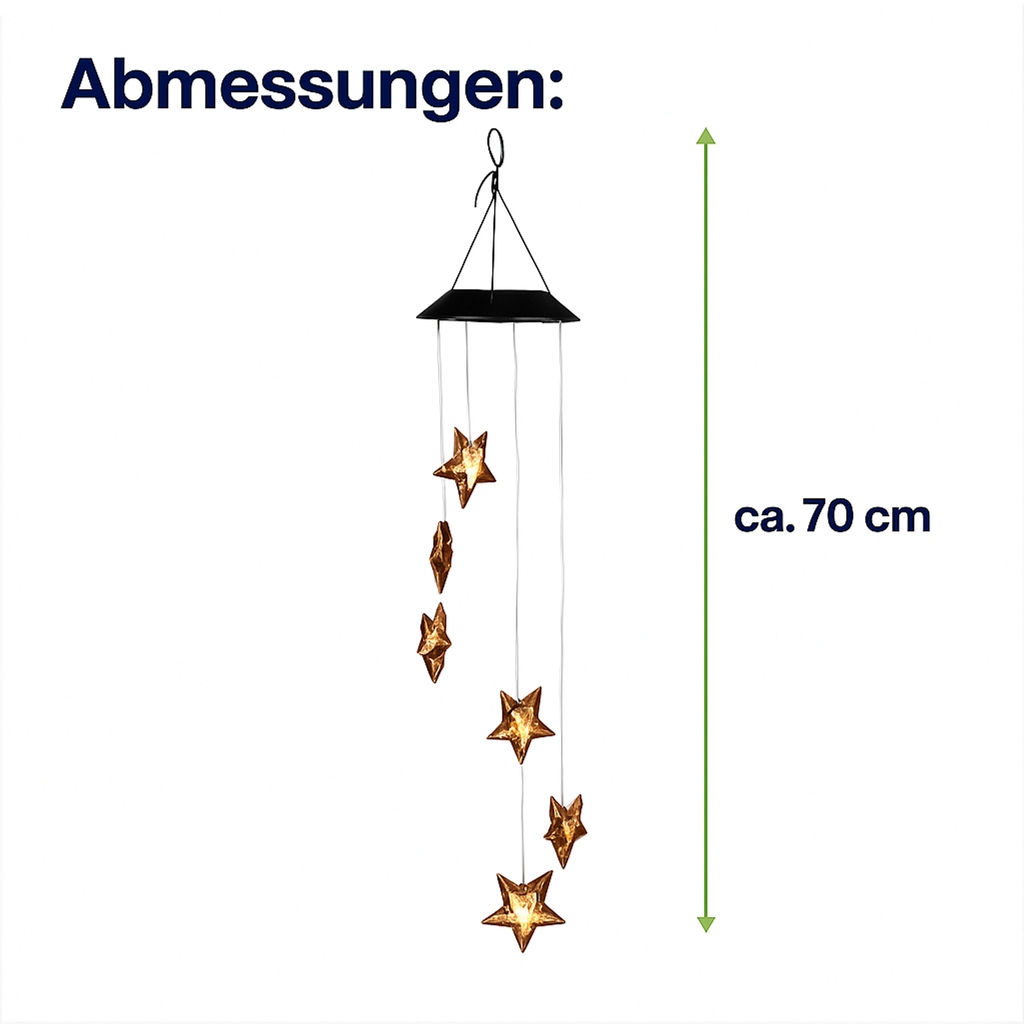 LED Solar Hänge-Windspiel Sternenstaub mit 6 Metallsternen warmweiß – Galeriebild 11, Artikelnummer 18320
