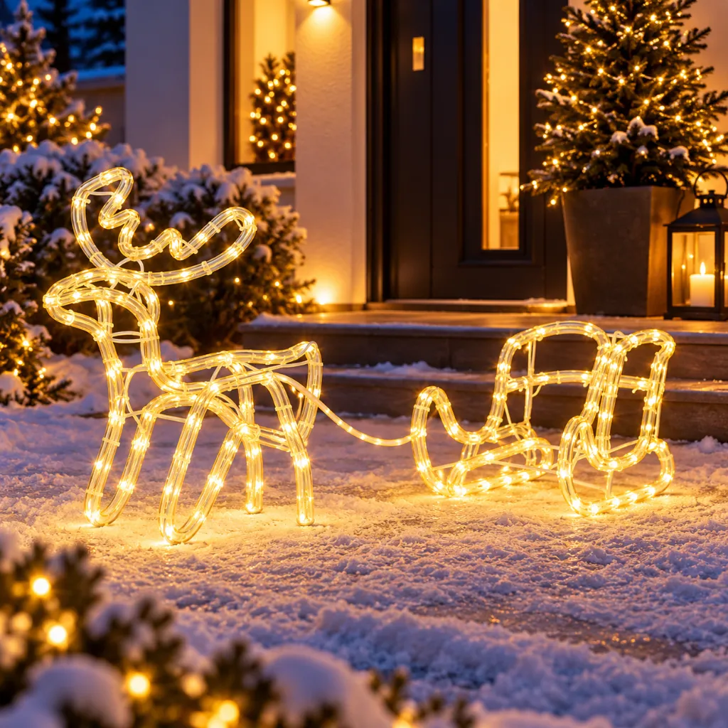 Rentier mit Schlitten mit 160 warm weißen LEDs ca. 130 x 16 x 38cm – Galeriebild 1, Artikelnummer 18511