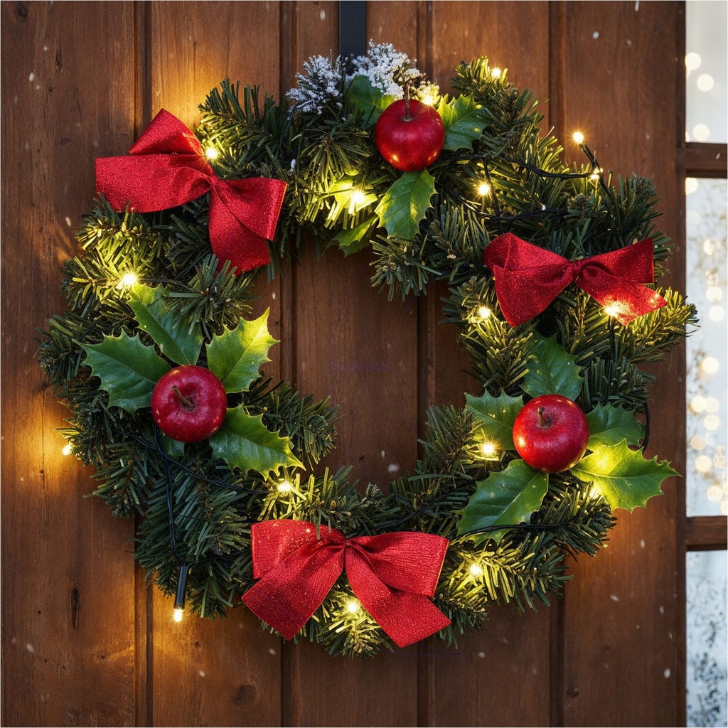 LED Türkranz Ø30 cm mit roten Schleifen Äpfeln 15 warmweißen LEDs – Galeriebild 6, Artikelnummer 2501