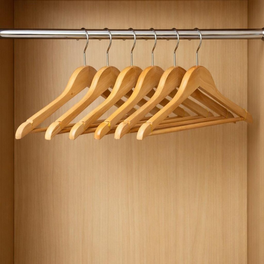 Holz Kleiderbügel Set 6 teilig 44,5 cm mit Hosensteg und Kerben – Galeriebild 1, Artikelnummer 18355