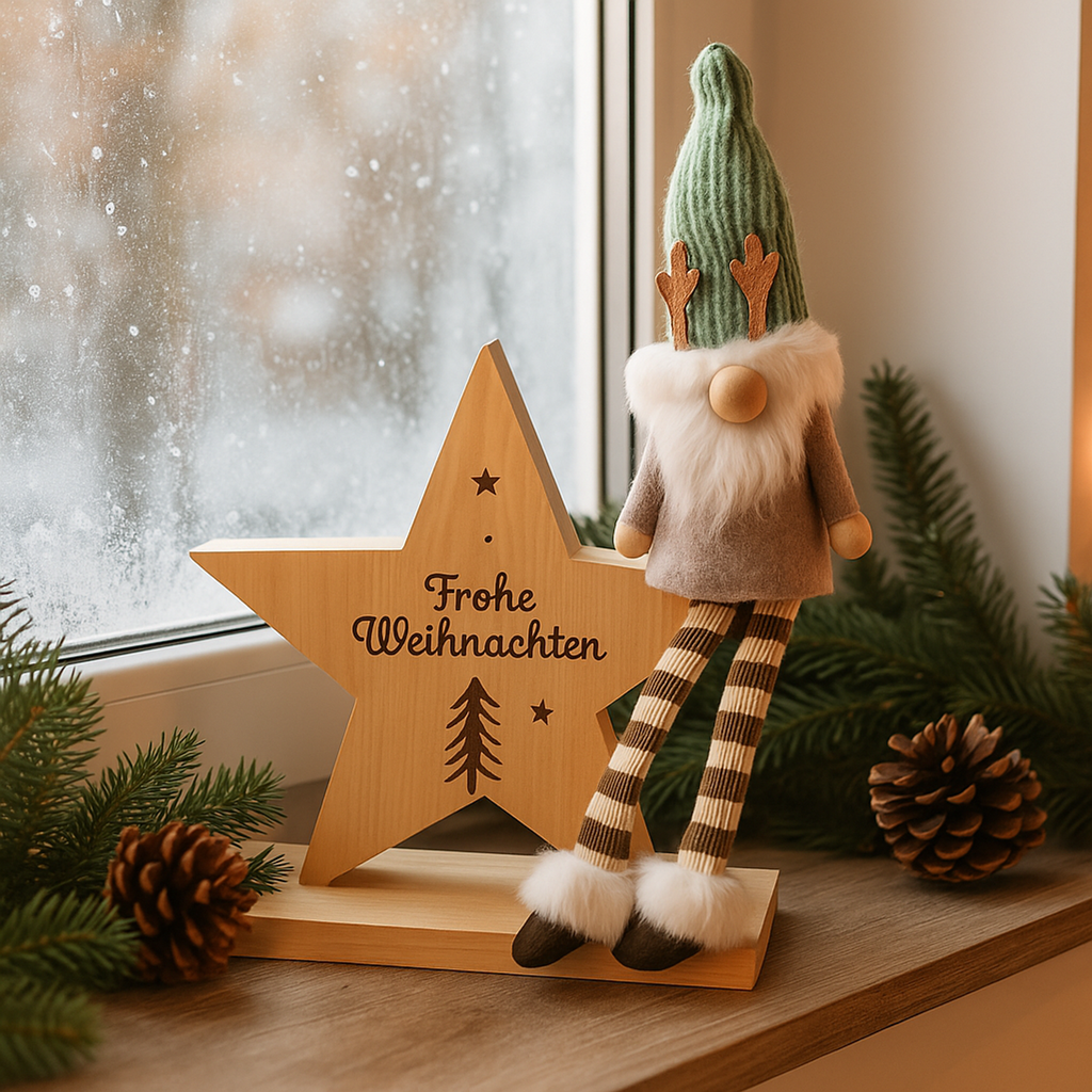 Holzstern mit Weihnachtswichtel und Aufschrift Frohe Weihnachten – Galeriebild 3, Artikelnummer 18283