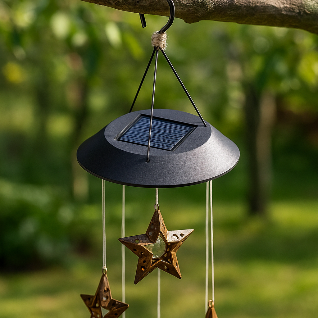 LED Solar Hänge-Windspiel Sternenstaub mit 6 Metallsternen warmweiß – Galeriebild 7, Artikelnummer 18320