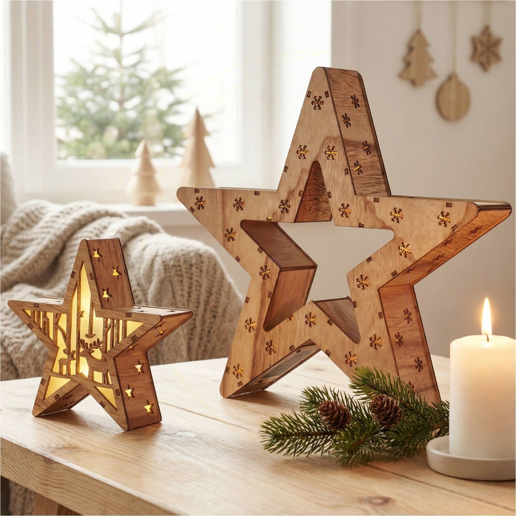 Zwei LED Holzsterne 16 LED Weihnachtsstern Deko – Galeriebild 1, Artikelnummer 13722
