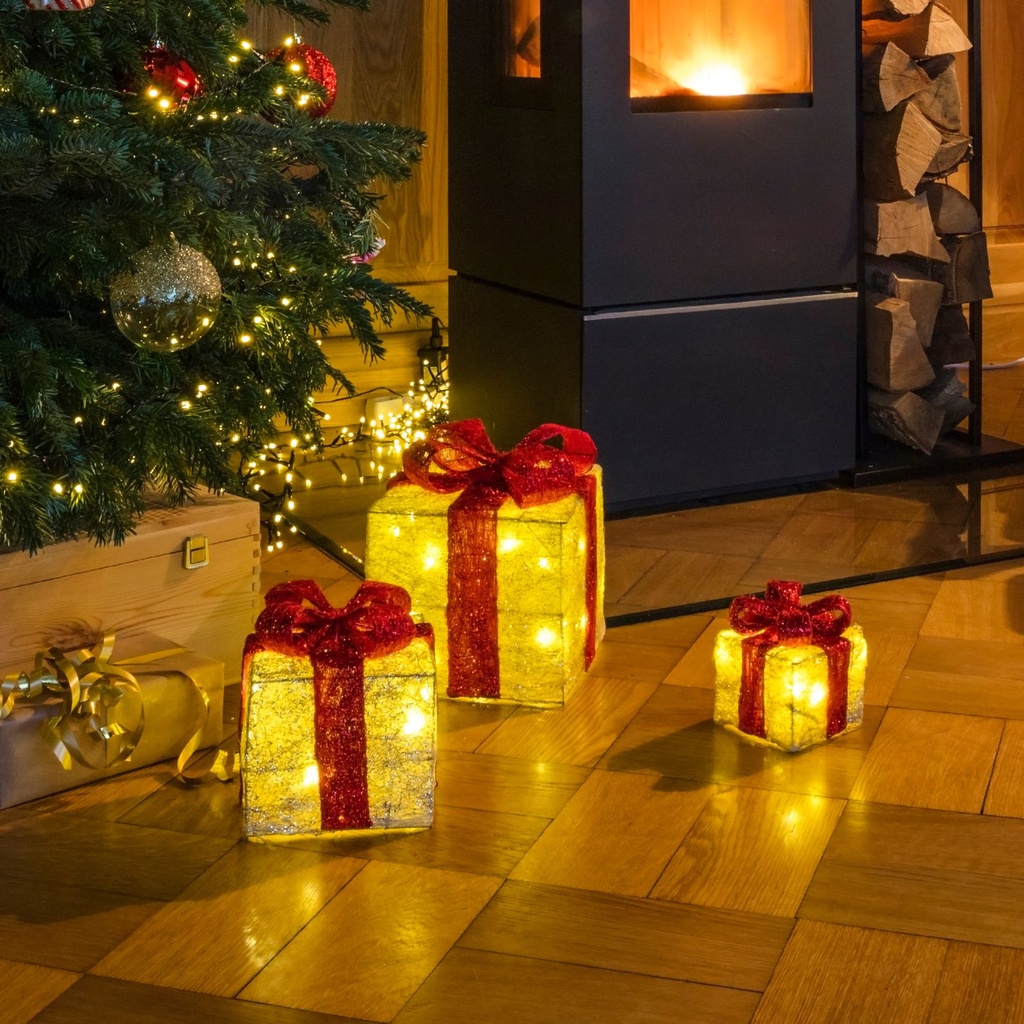 LED Geschenkboxen 3er Set warmweiß Timer Batteriebetrieb Sisal – Galeriebild 3, Artikelnummer 2316