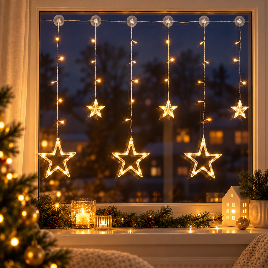 LED Batterie-Sternenvorhang mit 63 warmweißen LEDs, Artikelnummer 17552