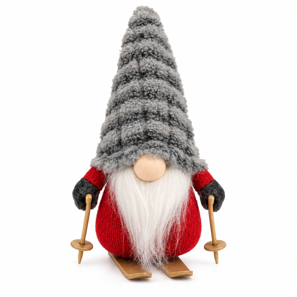Dekofigur Wichtel mit Ski 20 cm graue Zipfelmütze Weihnachtsdeko, Artikelnummer 18498