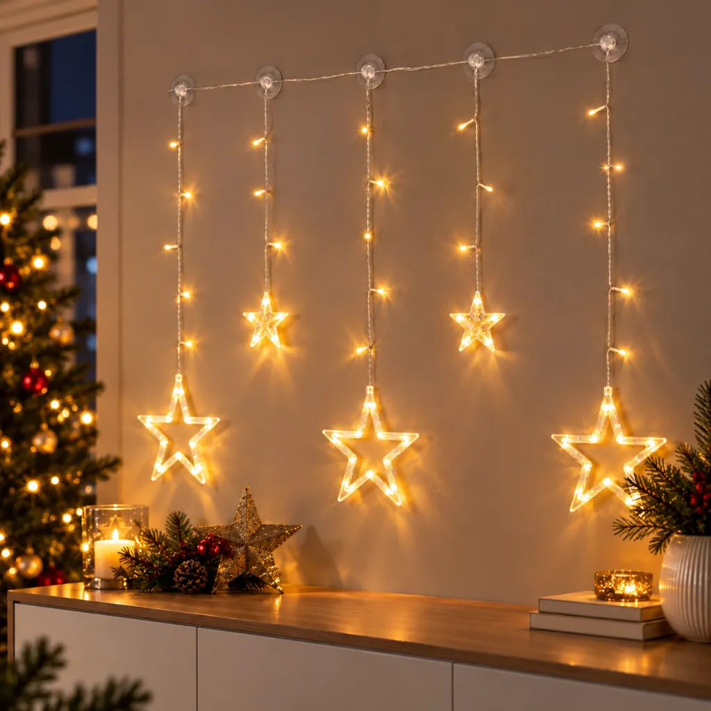 LED Batterie-Sternenvorhang mit 63 warmweißen LEDs – Galeriebild 1, Artikelnummer 17552