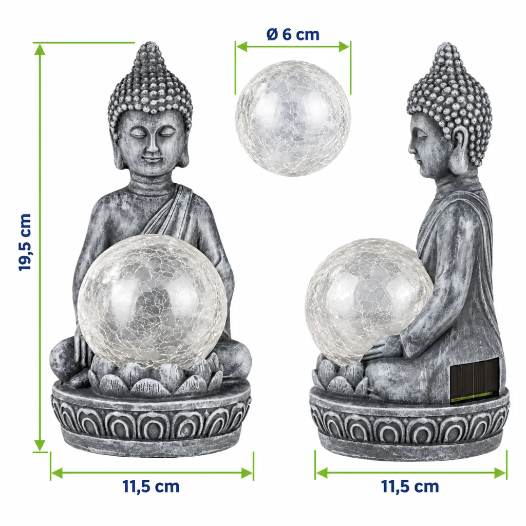 LED Solar Buddha Figur mit RGB Farbwechsel und Glaskugel 19,5 cm – Galeriebild 1, Artikelnummer 18534