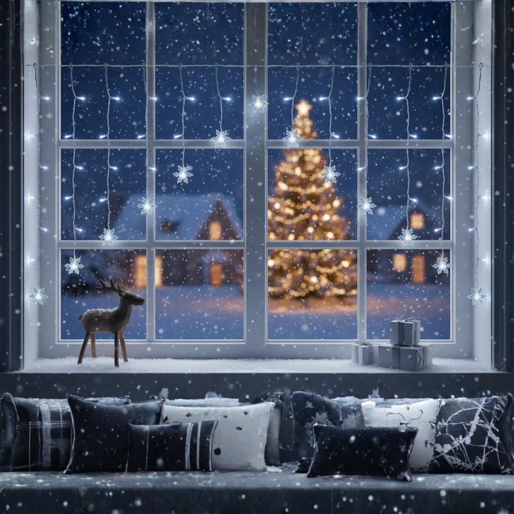 LED Schneeflocken Lichtervorhang 71 LEDs kaltweiß Batteriebetrieb – Galeriebild 9, Artikelnummer 18215
