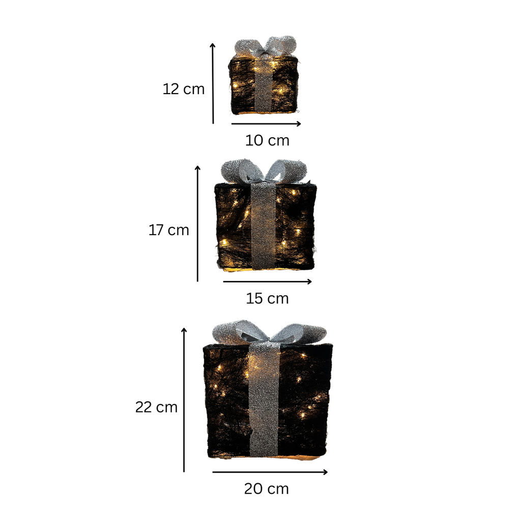 3er Set LED Geschenkboxen warmweiß Timer Batterie schwarz silber – Galeriebild 6, Artikelnummer 18292
