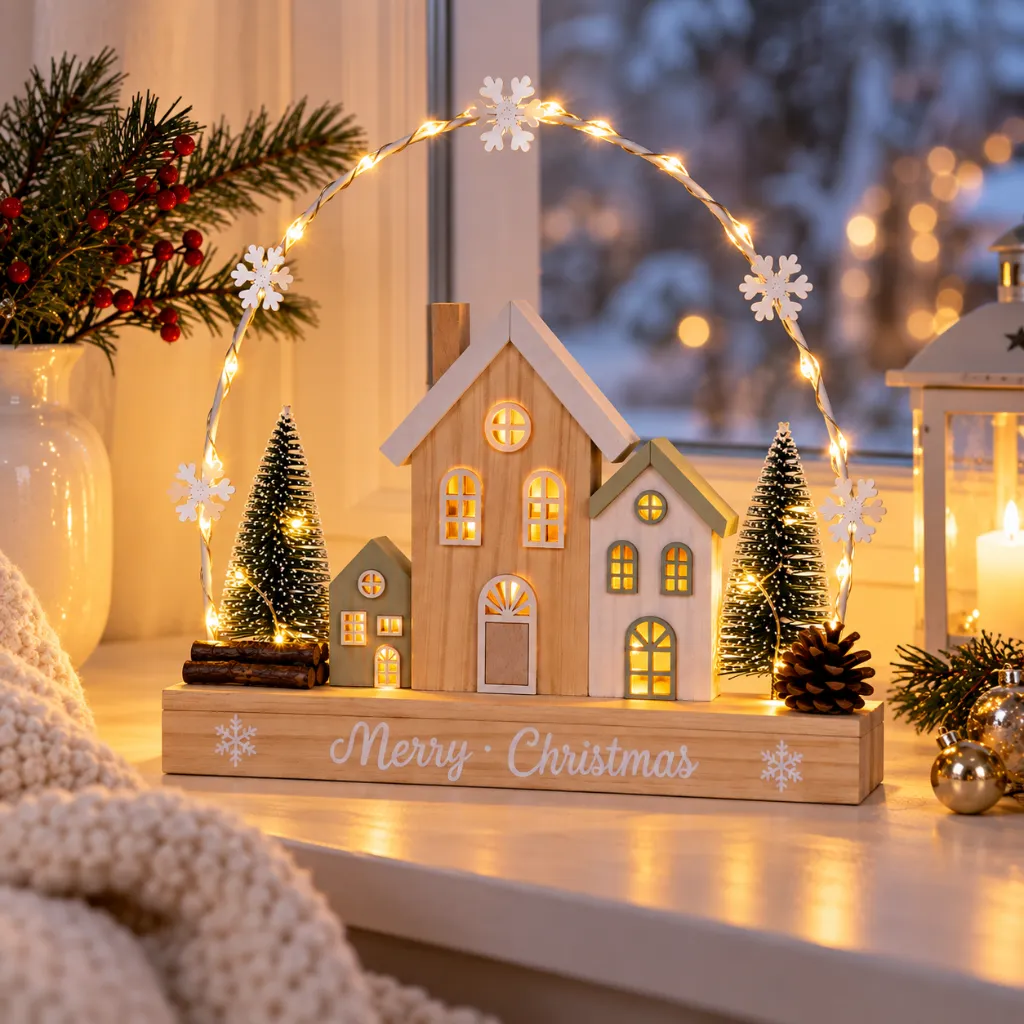 LED Weihnachtsstadt mit Gravur Merry Christmas – 35 warmweiße LEDs – Galeriebild 4, Artikelnummer 18316