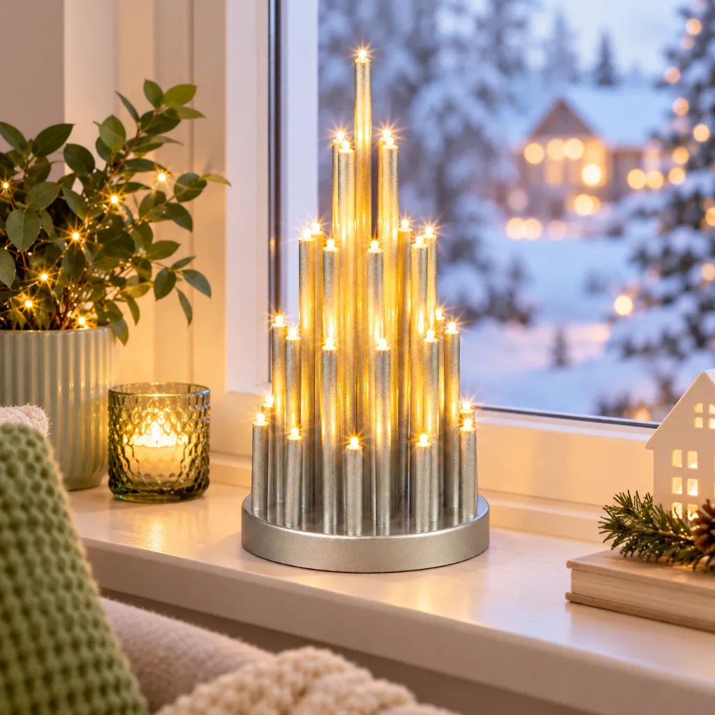Stimmungsleuchter mit 33 LED rund, silber mit Timer – Galeriebild 1, Artikelnummer 18513