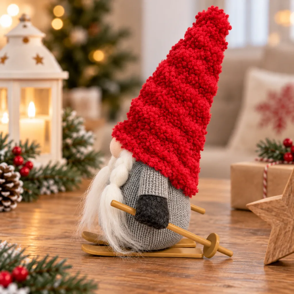 Dekofigur Wichtel mit Ski 20 cm rote Zipfelmütze Weihnachtsdeko – Galeriebild 1, Artikelnummer 18500