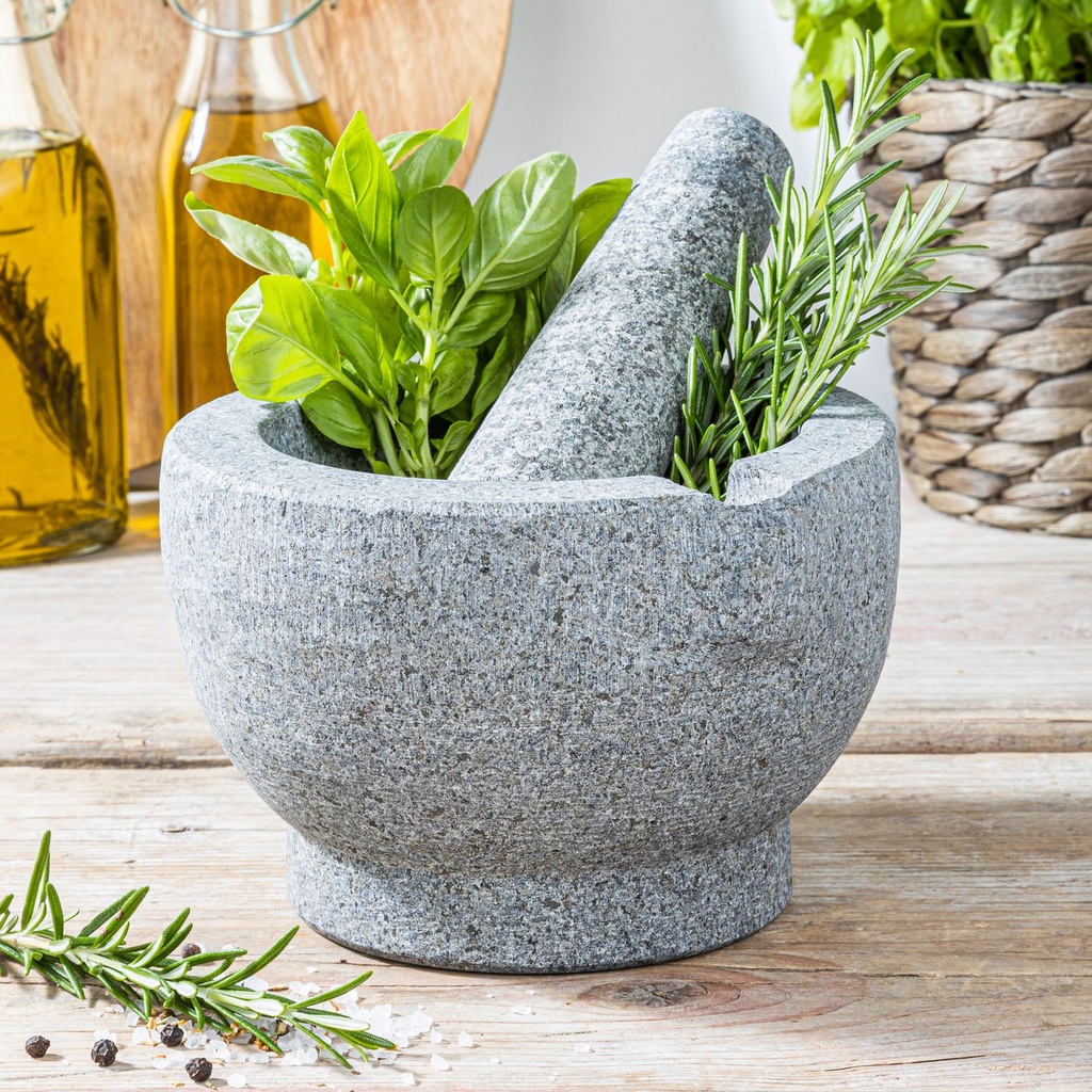 Mörser mit Stößel Reibe Zerkleinerer Gewürz Mühle aus Granit – Galeriebild 2, Artikelnummer 8725