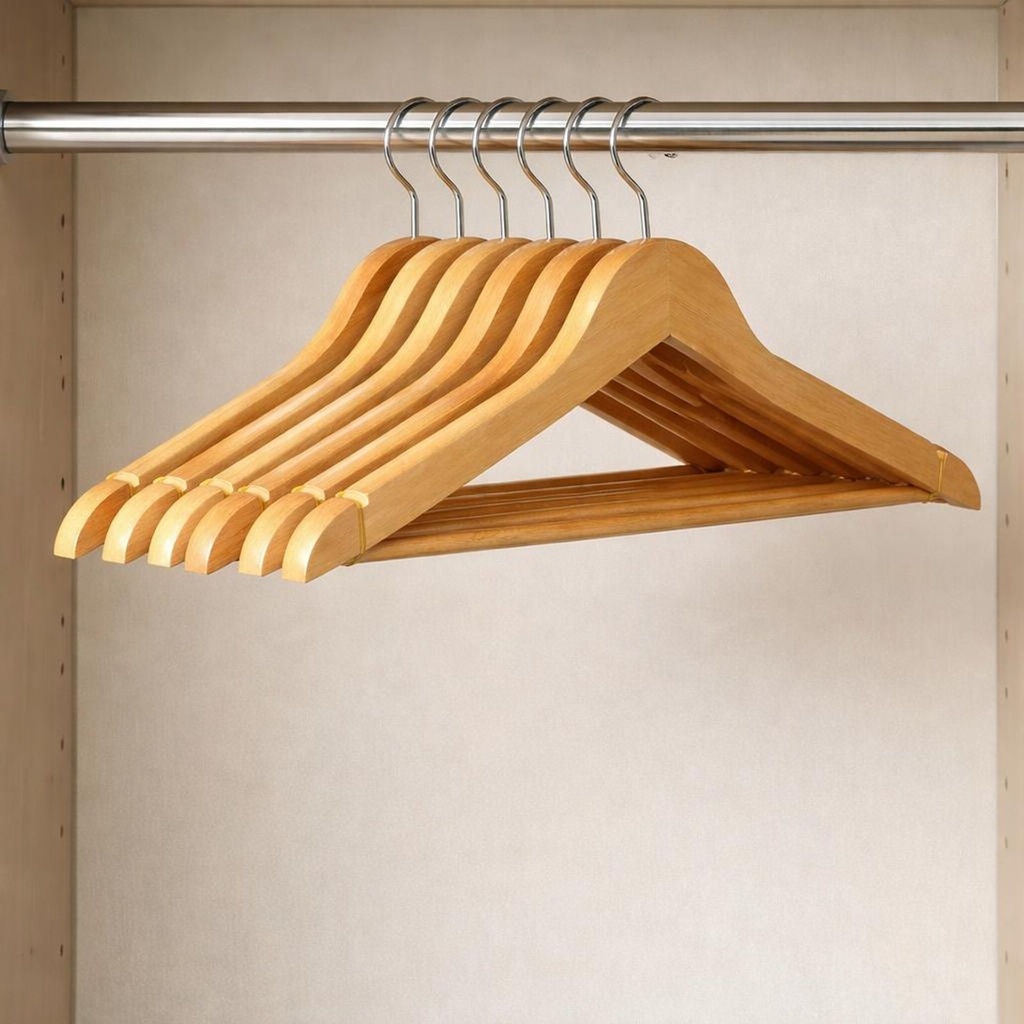Holz Kleiderbügel Set 6 teilig 44,5 cm mit Hosensteg und Kerben – Galeriebild 3, Artikelnummer 18355