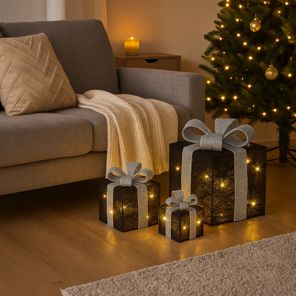 LED Schneemann mit 3er Set Geschenkboxen warmweiß Timer schwarz silber – Galeriebild 5, Artikelnummer 18299