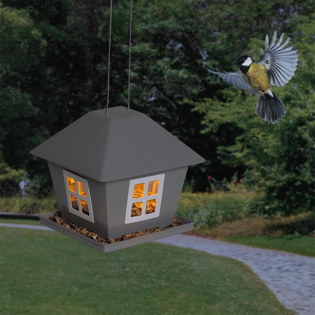 LED Solar Vogelfutterhaus mit Licht zum Aufhängen Garten Metall grau – Galeriebild 1, Artikelnummer 18296