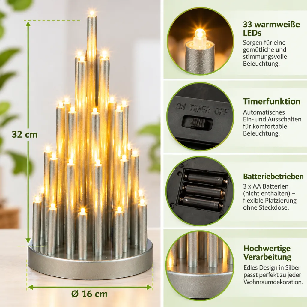 Stimmungsleuchter mit 33 LED rund, silber mit Timer – Galeriebild 2, Artikelnummer 18513