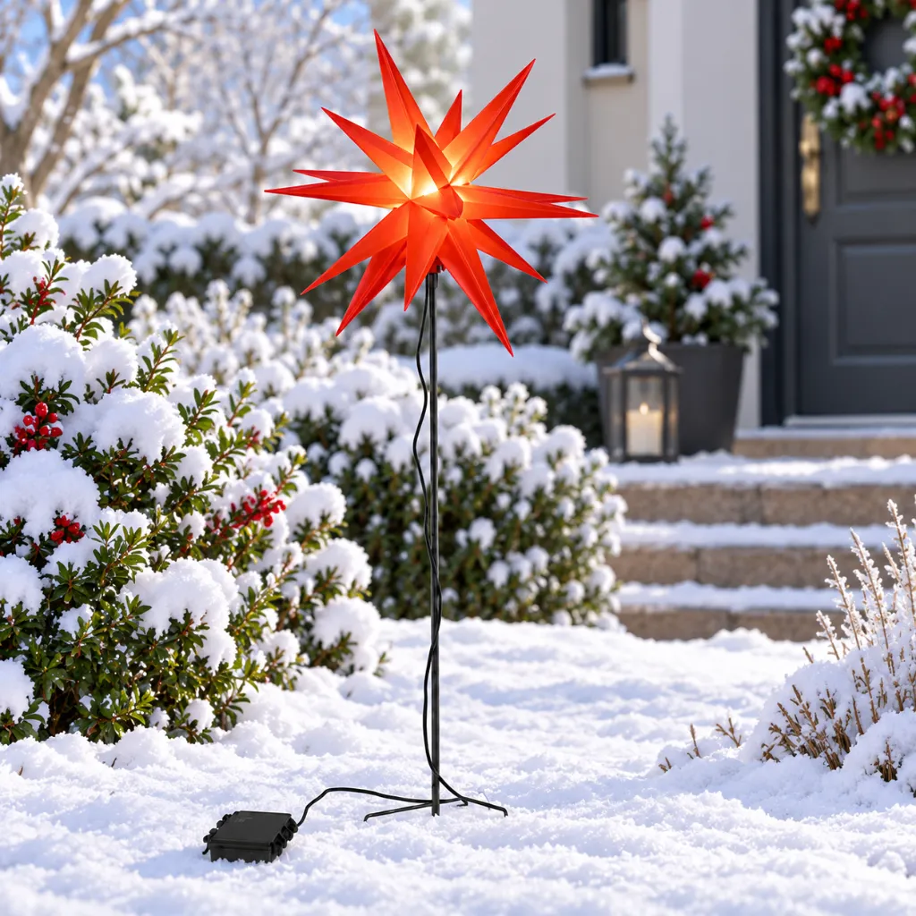 LED Gartenstecker PVC Stern, rot dia: 35 cm, Höhe: 90 cm – Galeriebild 1, Artikelnummer 18514