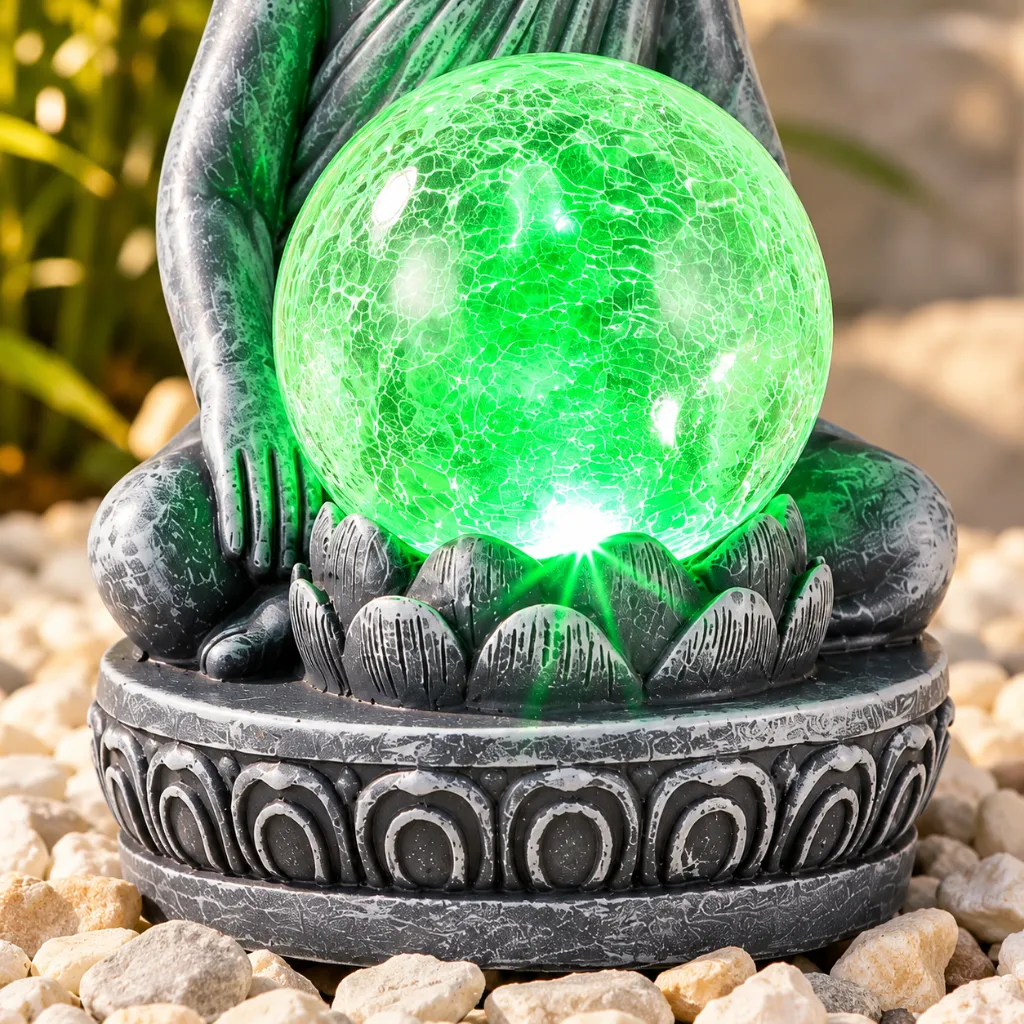 LED Solar Buddha Figur mit RGB Farbwechsel und Glaskugel 19,5 cm – Galeriebild 1, Artikelnummer 18534